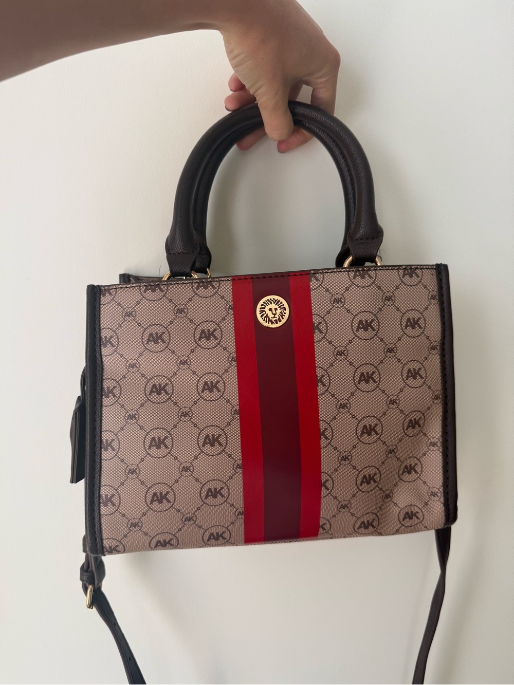 Anne Klein Beige Monogram Satchel with Red Stripe
